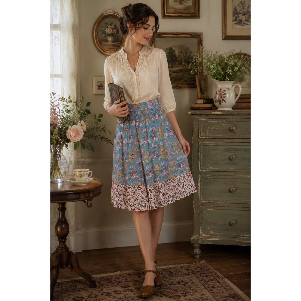 Tulip B Designed by J317 Blue Floral Mixed Print Midi Skirt JS5032S7 Small